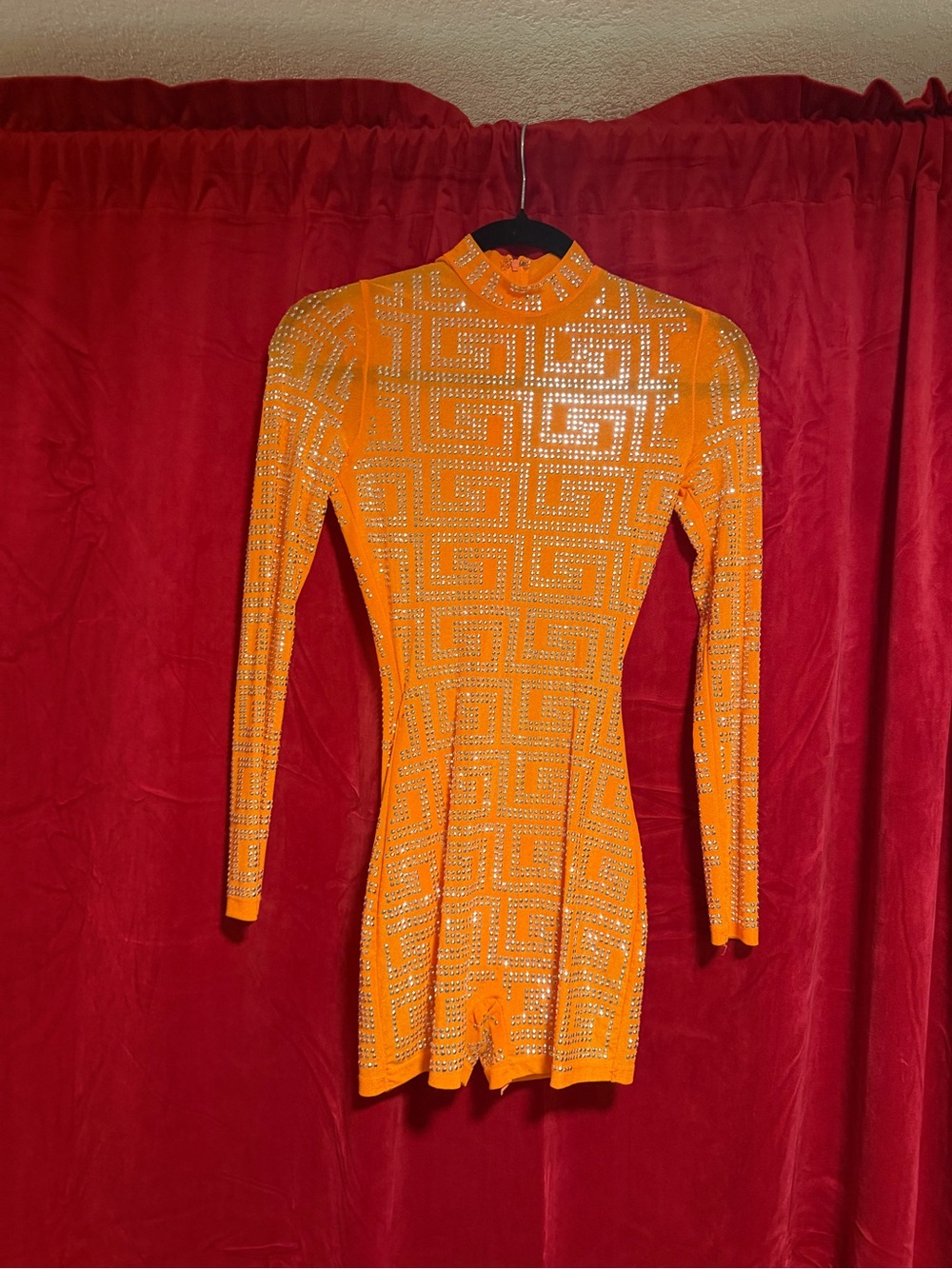 Fashion Nova Orange Long-Sleeve Rhinestone Mini Dress